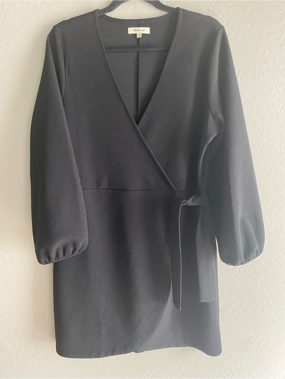 Madewell Black Stretch Crepe Long Bubble Sleeve Faux Wrap Mini Dress L